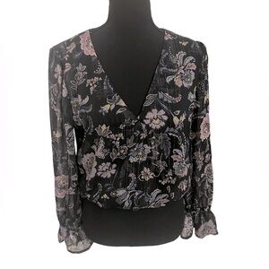 Blue Rain Floral Blouse 3/4 Sleeve Crop Top - Size Medium